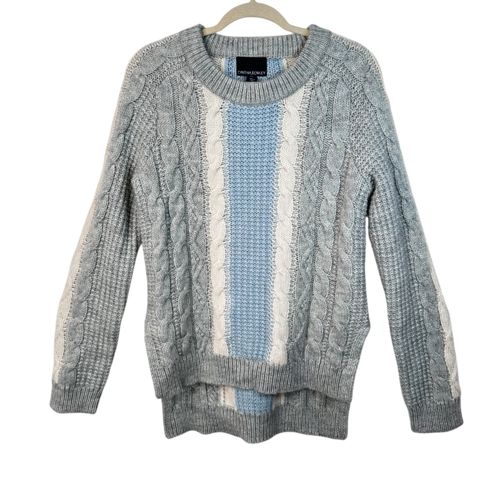 Cynthia Rowley Gray Blue Cable Knit Sweater Large Alpaca Wool Blend